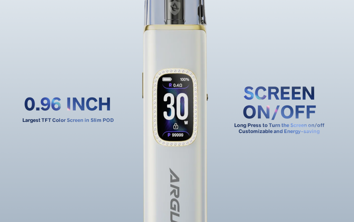 VOOPOO ARGUS G3 – detail barevného TFT displeje 0,96 palce s ovládáním a možností vypnutí obrazovky.