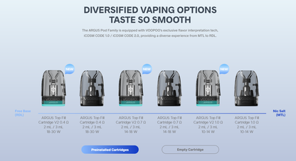 VOOPOO ARGUS G3 – kompatibilní cartridge ARGUS Top Fill a Top Fill V2 s odpory 0,4, 0,7 a 1,0 ohm.