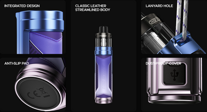VOOPOO ARGUS Pro 2 – přehled konstrukce s koženým povrchem, očkem na šňůrku, protiskluzovou základnou a krytem USB-C.
