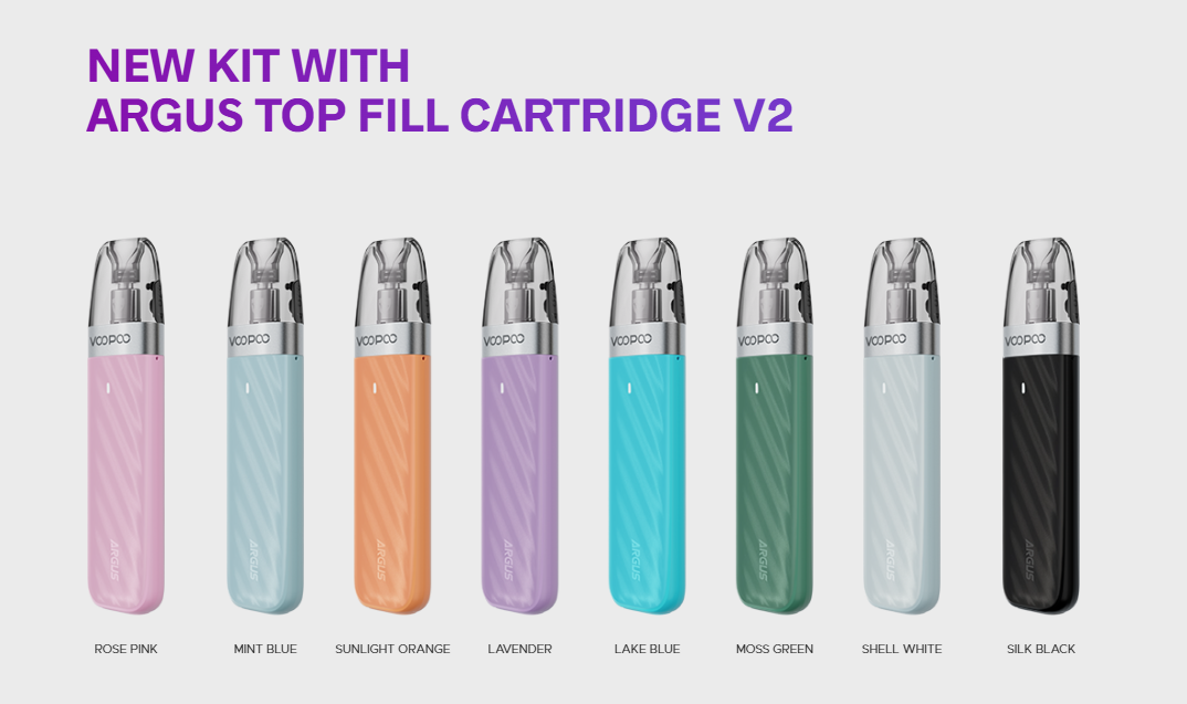 VOOPOO ARGUS Z2 – přehled osmi barev Rose Pink, Mint Blue, Sunlight Orange, Lavender, Lake Blue, Moss Green, Shell White a Silk Black s cartridgí ARGUS Top Fill V2.