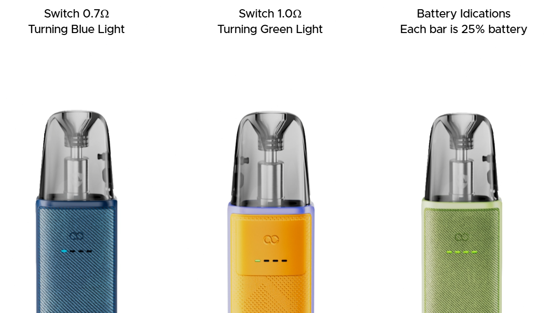 Detail provedení VOOPOO ARGUS Z3 v barvách Denim Blue, Blazing Orange a Grass Green – textura těla a LED indikátor stavu baterie.