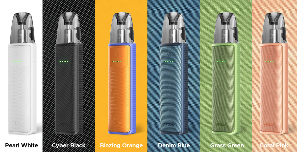 VOOPOO ARGUS Z3 v šesti barvách: Pearl White, Cyber Black, Blazing Orange, Denim Blue, Grass Green a Coral Pink. Přehled barev plnitelné elektronické cigarety.