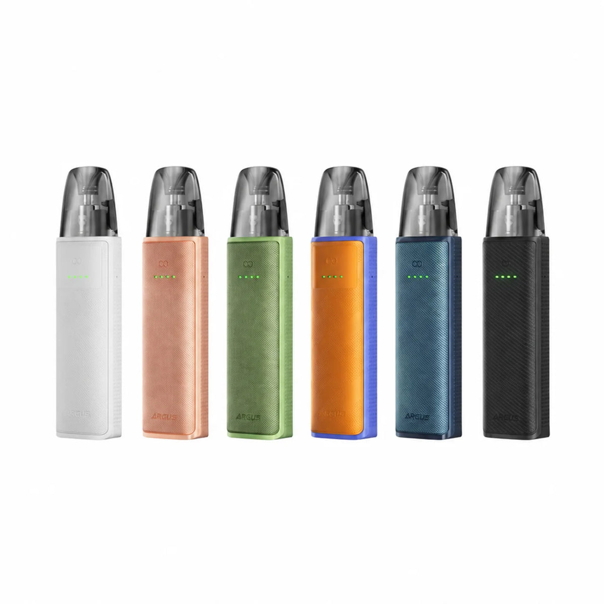 Srovnání šesti barev VOOPOO ARGUS Z3 – plnitelné POD e-cigarety v bílé, růžové, zelené, oranžové, modré a černé variantě.