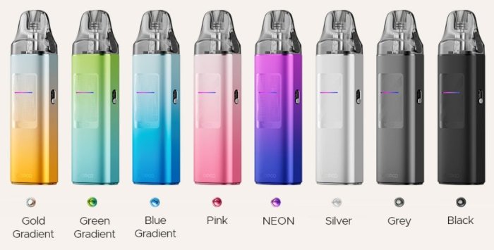 VOOPOO VINCI S – přehled barevných provedení Gold Gradient, Green Gradient, Blue Gradient, Pink, Neon, Silver, Grey a Black.