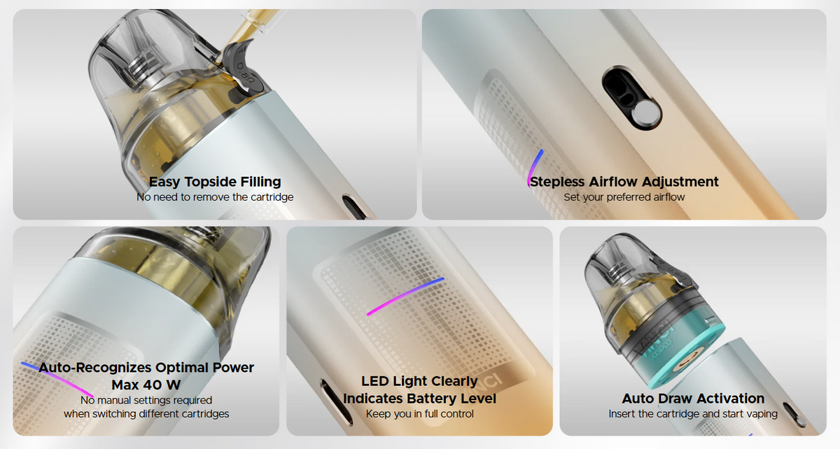 VOOPOO VINCI S – ukázka horního plnění cartridge, regulace airflow, LED indikátoru a automatického spínání potažením.