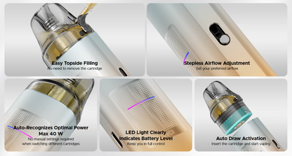 VOOPOO VINCI S – ukázka horního plnění cartridge, regulace airflow, LED indikátoru a automatického spínání potažením.