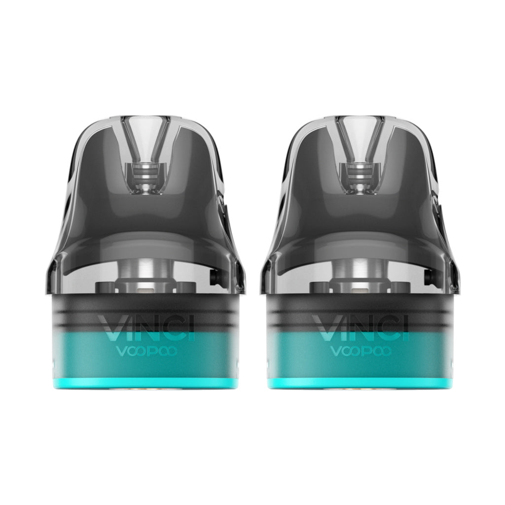 Dvě náhradní plnitelné cartridge VOOPOO VINCI S s kouřovým náustkem a tyrkysovou základnou na bílém pozadí.