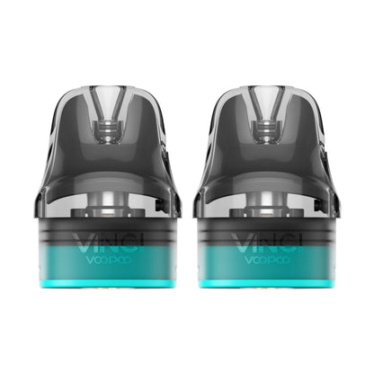 Dvě náhradní plnitelné cartridge VOOPOO VINCI S s kouřovým náustkem a tyrkysovou základnou na bílém pozadí.