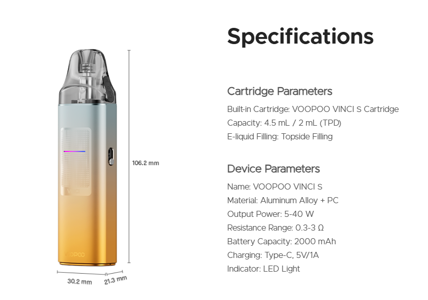 VOOPOO VINCI S – technické parametry, baterie 2000 mAh, výkon 5–40 W a cartridge 2 ml pro evropský trh.