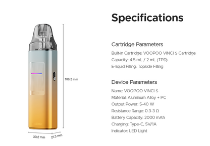 VOOPOO VINCI S – technické parametry, baterie 2000 mAh, výkon 5–40 W a cartridge 2 ml pro evropský trh.