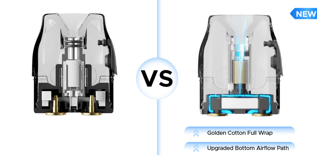 VOOPOO VMATE MAX 2 – srovnání konstrukce cartridge s technologií Golden Cotton a vylepšeným přívodem vzduchu.