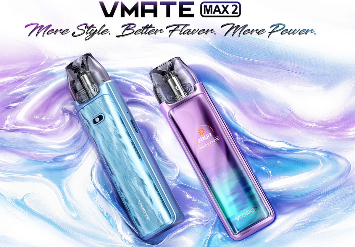 Elektronické cigarety VOOPOO VMATE MAX 2 v modrém a fialovém provedení s barevnými panely a skrytým displejem.