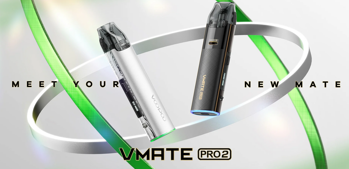 VOOPOO VMATE PRO 2 – produktová prezentace provedení Glacier Silver a Gilt Black s výkonem 30 W a baterií 1500 mAh.