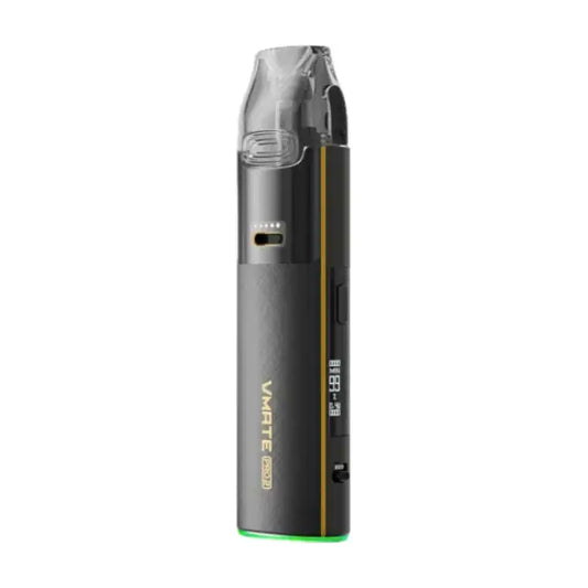 VOOPOO VMATE PRO 2 Gilt Black – černá plnitelná POD elektronická cigareta se zlatým lemováním, OLED displejem a výkonem 30 W.
