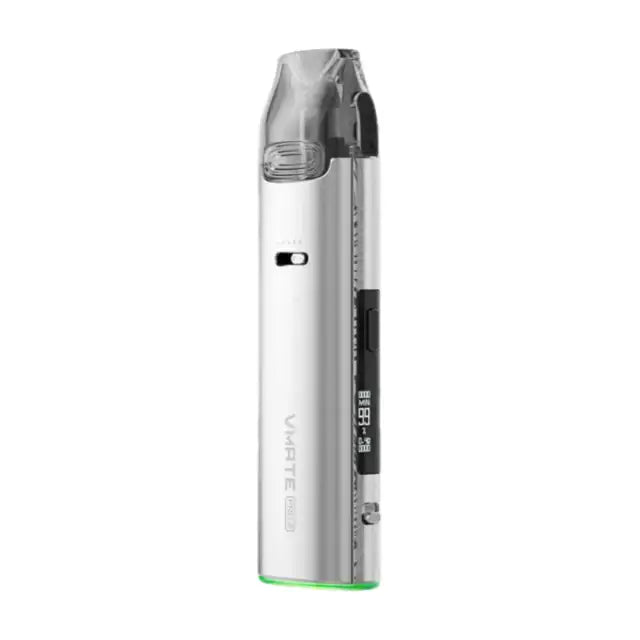 VOOPOO VMATE PRO 2 Glacier Silver – stříbrná plnitelná POD elektronická cigareta s displejem 0,54 palce a USB-C nabíjením.
