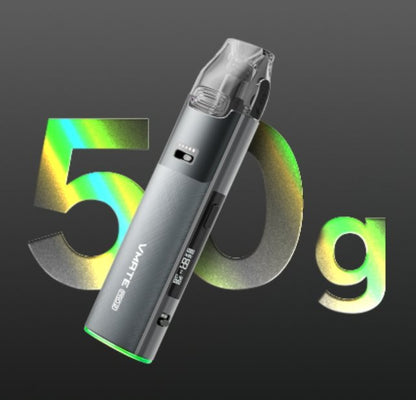 VOOPOO VMATE PRO 2 – infografika hmotnosti 50 g a štíhlého kovového těla plnitelné POD elektronické cigarety.