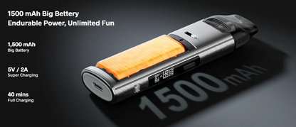 VOOPOO VMATE PRO 2 – infografika baterie 1500 mAh, rychlého USB-C nabíjení 5 V / 2 A a doby nabití přibližně 40 minut.