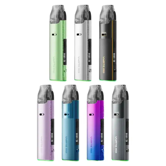 VOOPOO VMATE PRO 2 – sedm barevných provedení POD elektronické cigarety: Gilt Black, Space Grey, Navy Blue, Neon, Lavender, Fresh Green a Glacier Silver.