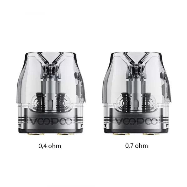 Porovnání náhradních cartridgí VOOPOO VMATE V3 Top Fill ve variantách 0,4 ohm a 0,7 ohm.