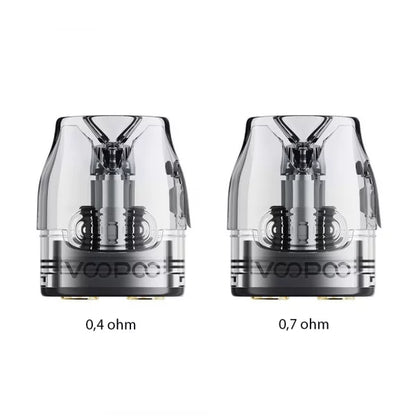 Porovnání náhradních cartridgí VOOPOO VMATE V3 Top Fill ve variantách 0,4 ohm a 0,7 ohm.