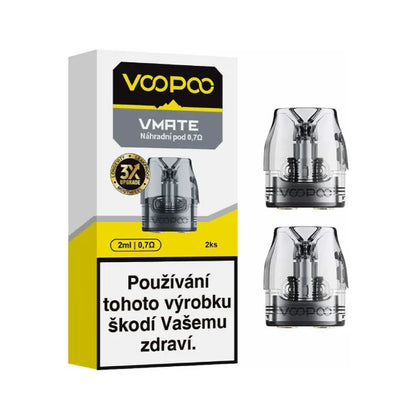 VOOPOO VMATE V3 Top Fill Cartridge – produktové balení a dvě průhledné náhradní cartridge s integrovanou žhavicí hlavou.