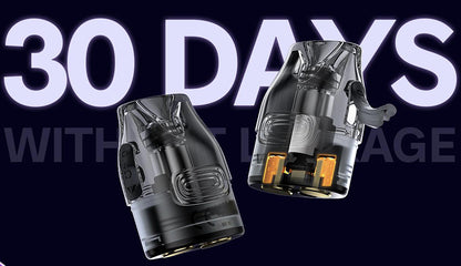 Produktová grafika VOOPOO s nápisem 30 DAYS a vyobrazením průhledných POD cartridgí.