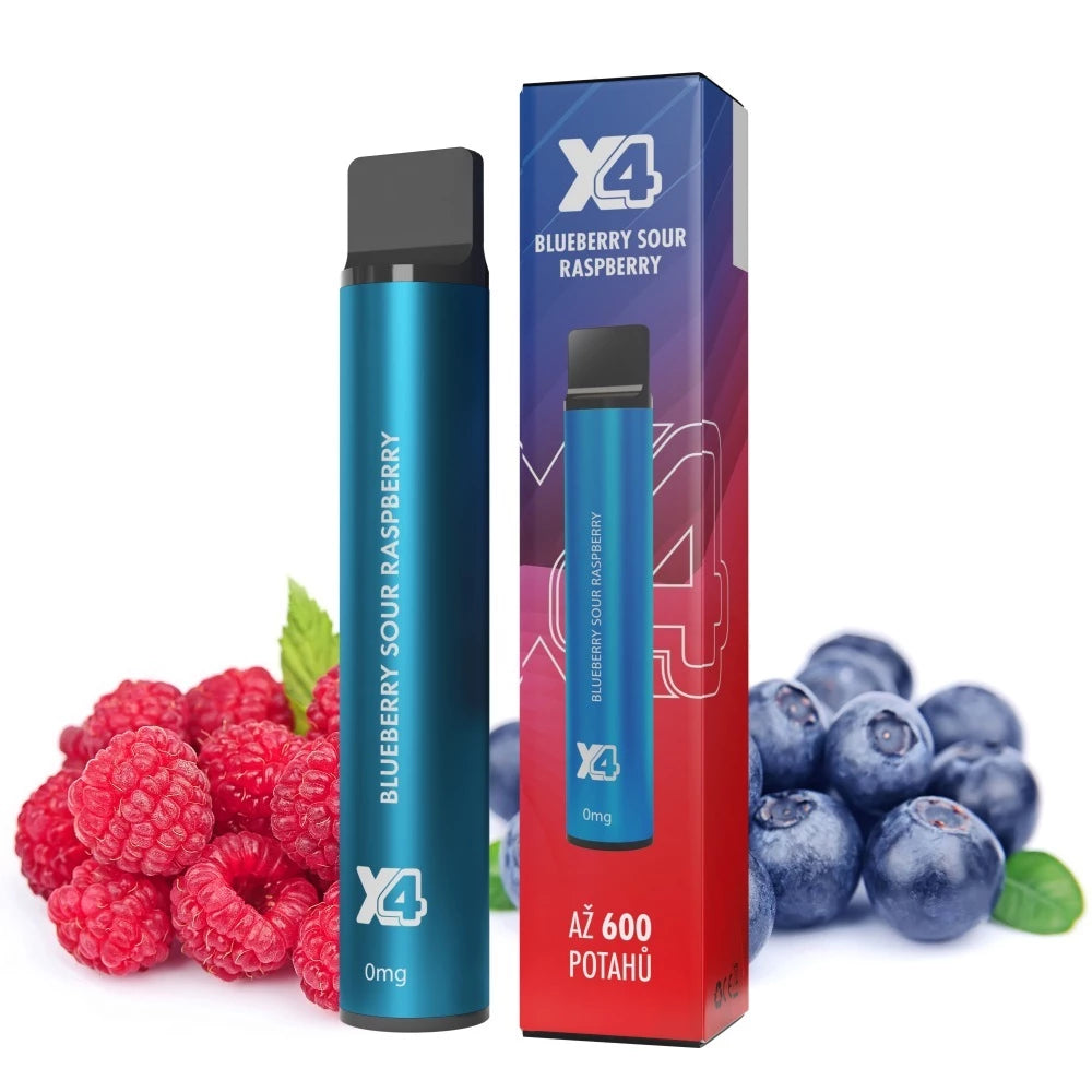 Jednorázová elektronická cigareta X4 Bar Blueberry Sour Raspberry ZERO bez nikotinu, s příchutí borůvek a kyselých malin