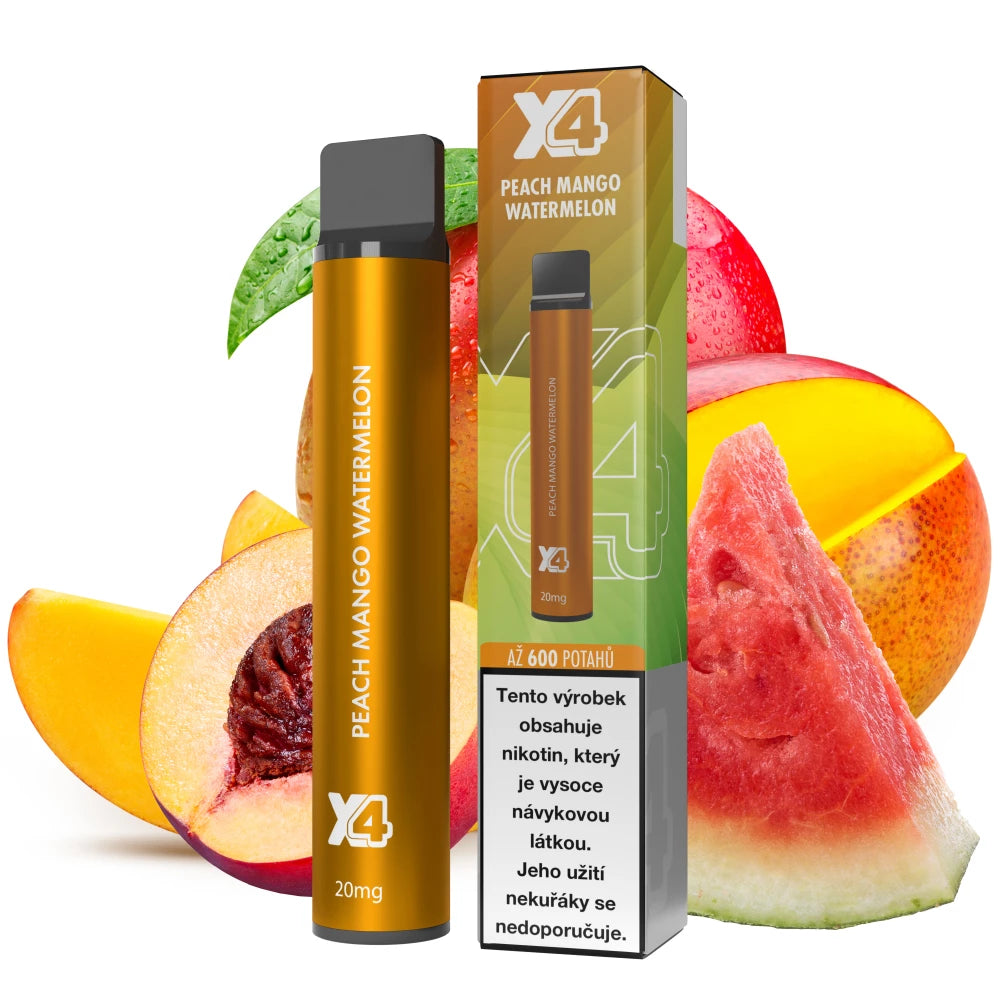Jednorázová elektronická cigareta X4 Bar Peach Mango Watermelon 20 mg/ml s příchutí broskve manga a vodního melounu