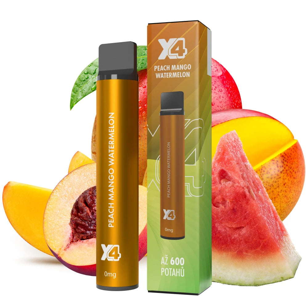Jednorázová elektronická cigareta X4 Bar Peach Mango Watermelon ZERO bez nikotinu, broskev mango a vodní meloun