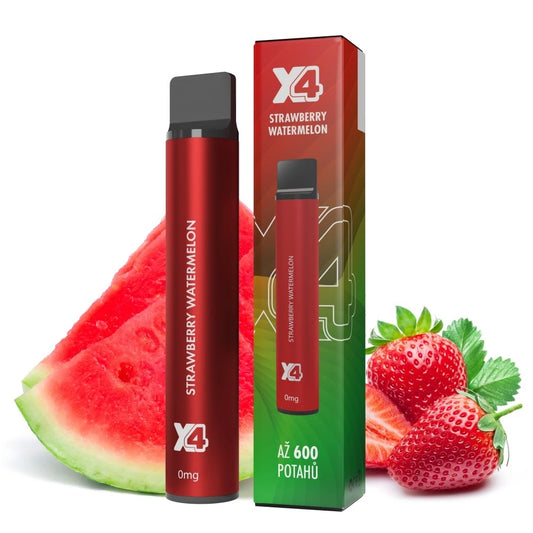Beznikotinový ovocný vape X4 Bar Strawberry Watermelon, červená e-cigareta s chutí jahody a šťavnatého melounu, 0 mg/ml