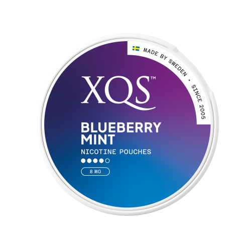 Nikotinové sáčky XQS Blueberry Mint s kombinací sladké borůvky a svěží máty, 8 mg nikotinu, diskrétní slim formát, 20 ks v balení
