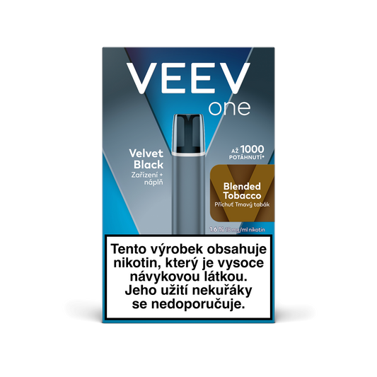 VEEV ONE Velvet Black startovací sada s předplněnou náplní Blended Tobacco pro elektronickou cigaretu, baterie 420 mAh, až 1000 potáhnutí