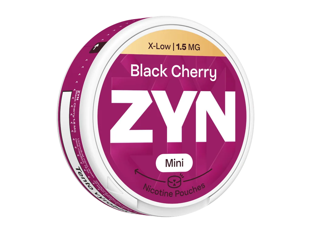 Balení ZYN Black Cherry Mini Dry s 20 beztabákovými nikotinovými sáčky a obsahem 1,5 mg nikotinu na sáček