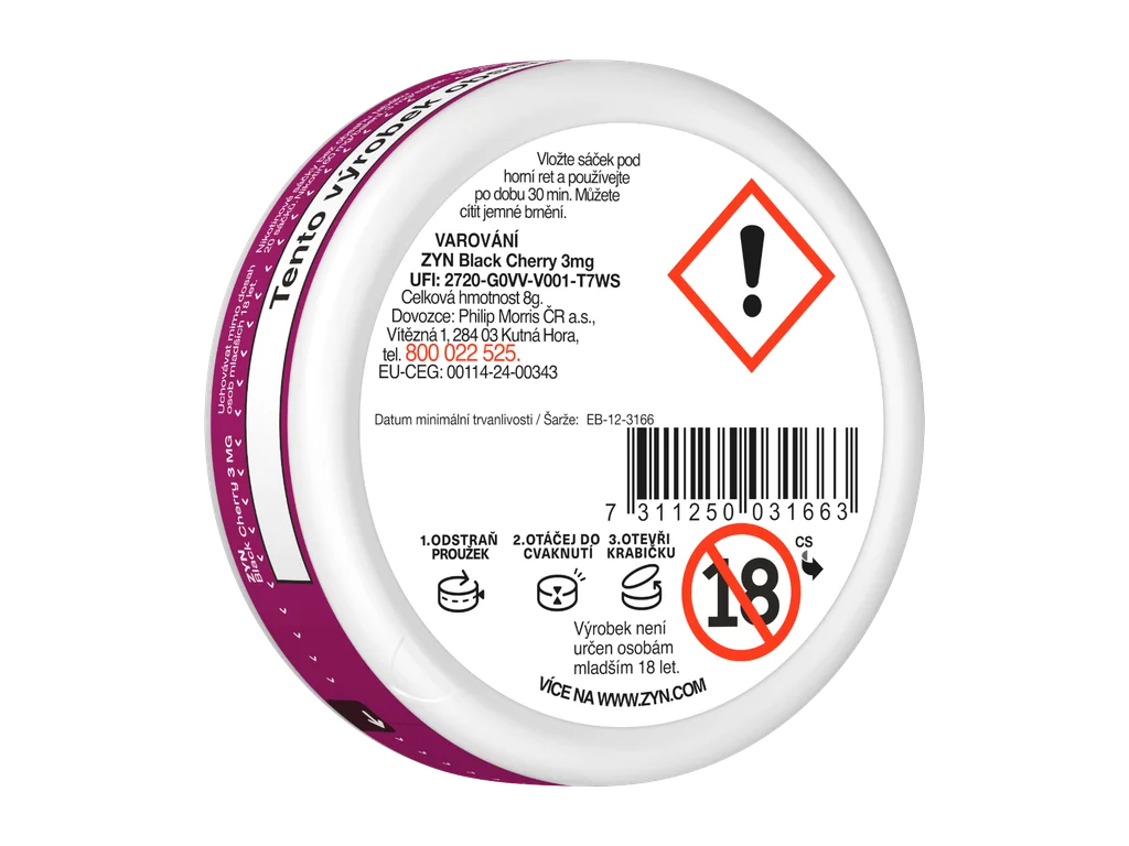 Balení ZYN Black Cherry Mini Dry s 20 nikotinovými sáčky a obsahem 3 mg nikotinu na sáček