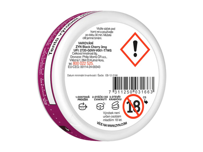 Balení ZYN Black Cherry Mini Dry s 20 nikotinovými sáčky a obsahem 3 mg nikotinu na sáček