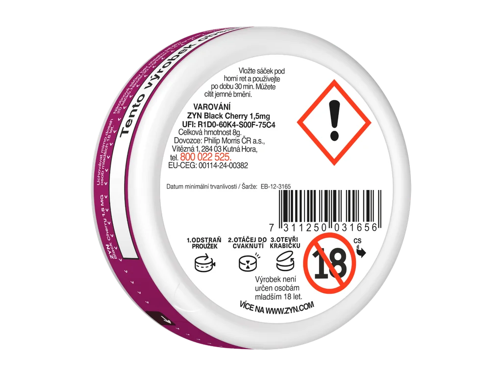 Nikotinové sáčky ZYN Black Cherry Mini s chutí třešní, lesních plodů a vanilky, balení 20 kusů po 1,5 mg