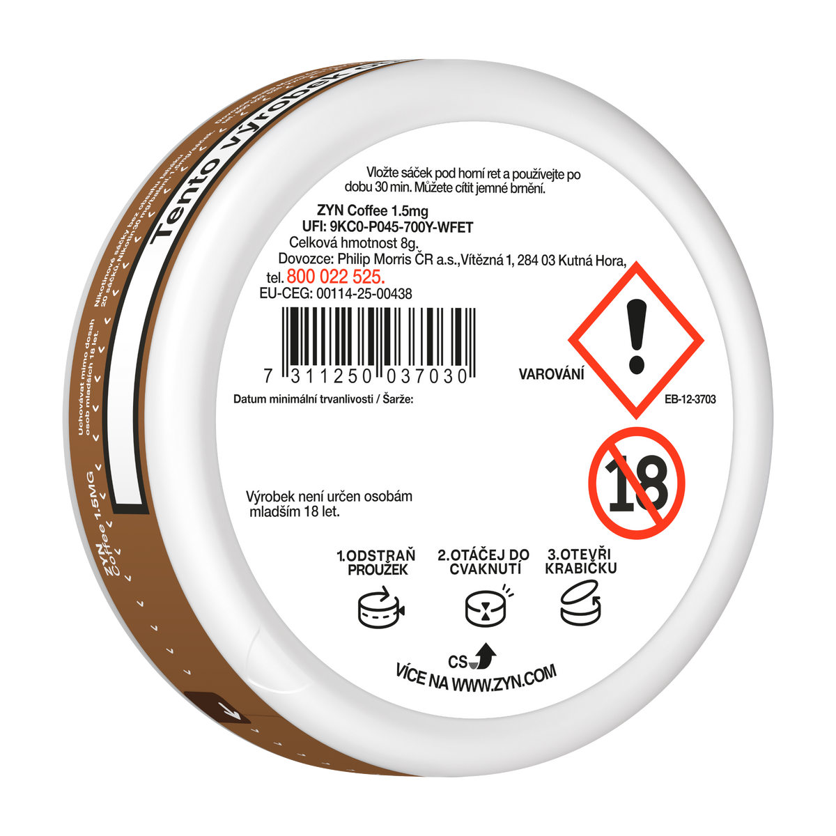 Nikotinové sáčky ZYN Coffee Mini s chutí mocha kávy, čokolády a nugátu, balení 20 kusů po 1,5 mg