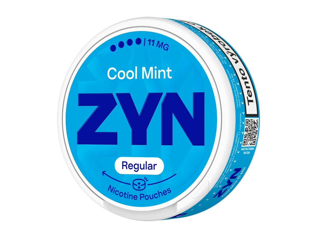 Balení ZYN Cool Mint Regular Moist s 21 beztabákovými nikotinovými sáčky a obsahem 11 mg nikotinu na sáček