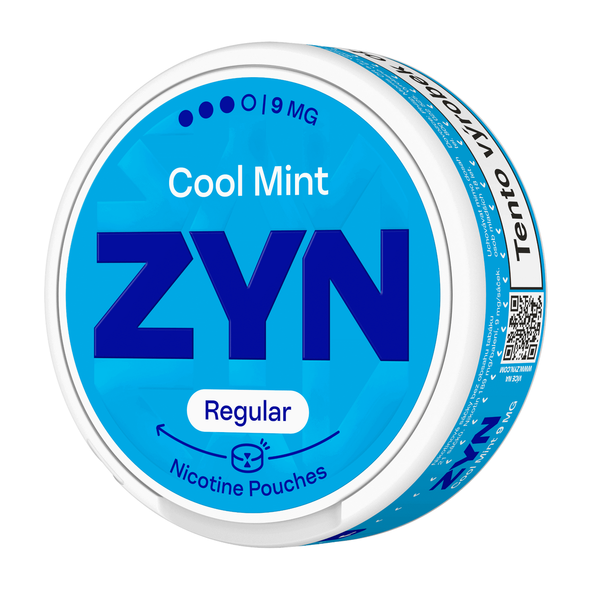 Balení ZYN Cool Mint Regular Moist s 21 beztabákovými nikotinovými sáčky a obsahem 9 mg nikotinu na sáček