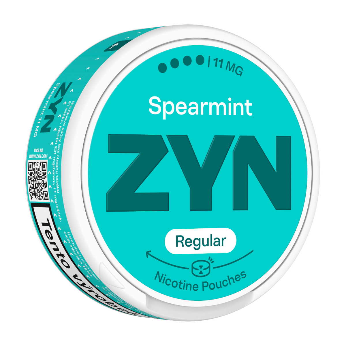 Balení ZYN Spearmint Regular Moist s 21 beztabákovými nikotinovými sáčky a obsahem 11 mg nikotinu na sáček