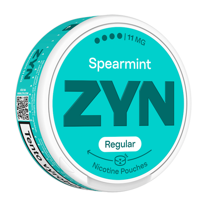 Balení ZYN Spearmint Regular Moist s 21 beztabákovými nikotinovými sáčky a obsahem 11 mg nikotinu na sáček