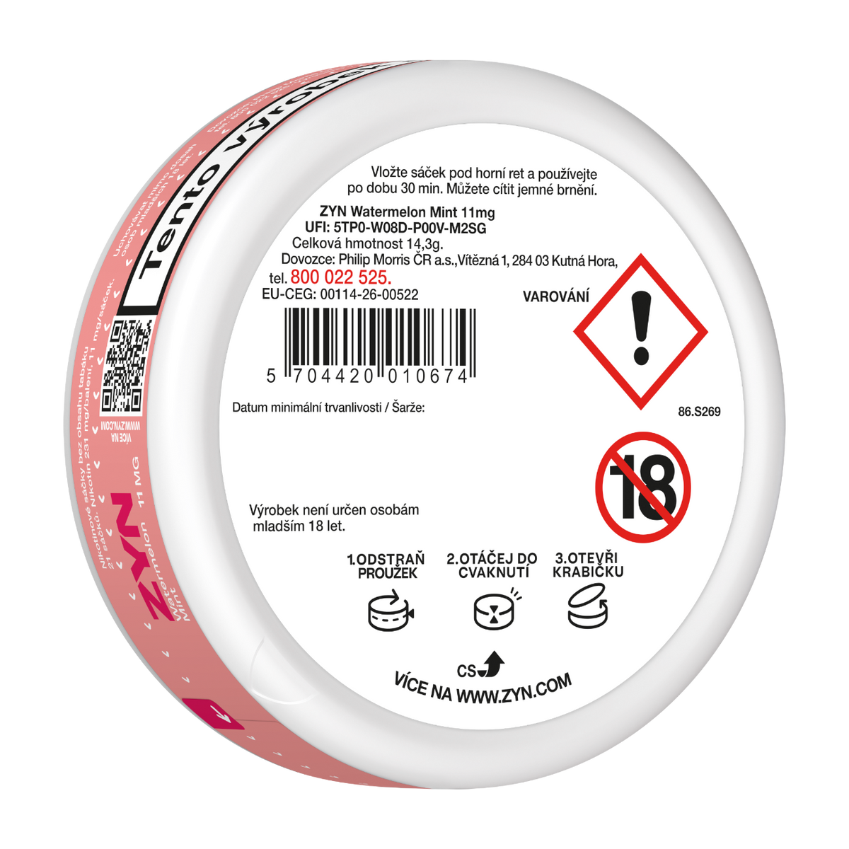 ZYN Watermelon Mint 11 mg nikotinové sáčky Regular Moist s chutí vodního melounu a máty
